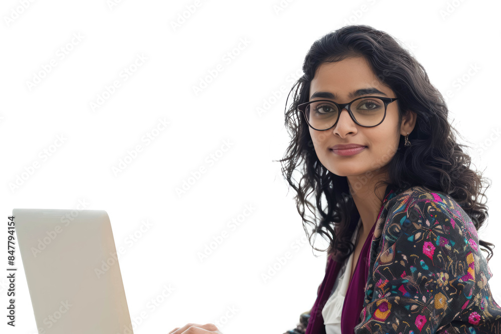 Isolated Young Indian Woman With Glasses Working On Laptop Against A Transparent Background Isolated Young Indian Woman With Glasses Working On Laptop Against A Transparent Background
