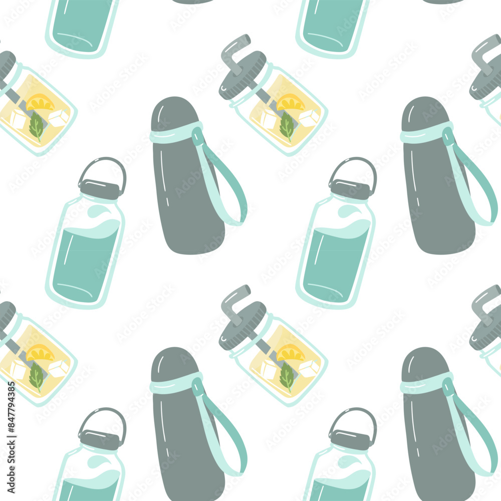 Pattern of reusable water containers. Water bottle, a cocktail with a straw, cold preservation, environmental friendliness and style. Texture maintenance of the body's water balance, eco friendly use. Pattern of reusable water containers. Water bottle, a cocktail with a straw, cold preservation, environmental friendliness and style. Texture maintenance of the body's water balance, eco friendly use.