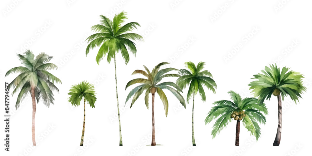 Set of watercolor coconut trees on white background Set of watercolor coconut trees on white background