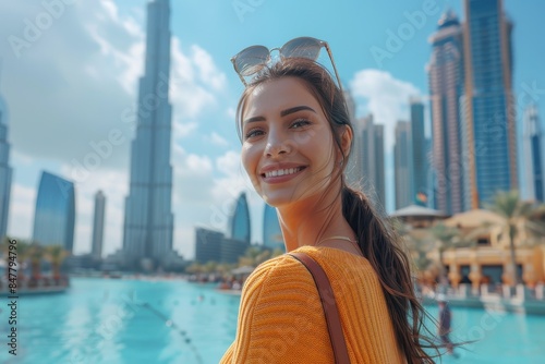 Smiling woman in a yellow sweater posing with a backdrop of a skyscraper-lined city and a blue sky