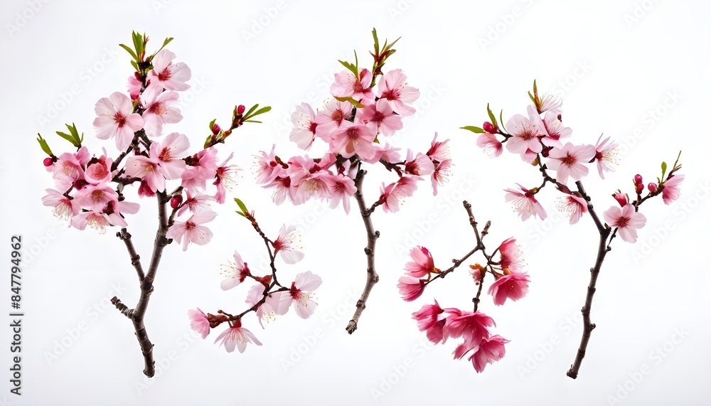 Branch collection of sakura flowers isolated on white solid background. Generative ai Branch collection of sakura flowers isolated on white solid background. Generative ai