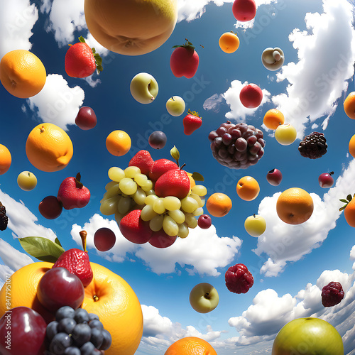 fruits floating in the sky with clouds background with fisheye lens effect photo