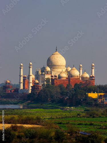 India. Agra. A view of the Taj Mahal from the Red Fort.