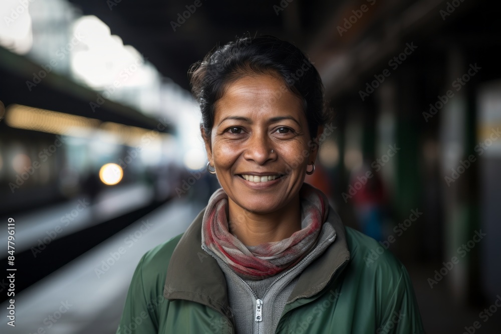 Portrait of a grinning indian woman in her 50s sporting a long-sleeved thermal undershirt while standing against bustling city subway background Portrait of a grinning indian woman in her 50s sporting a long-sleeved thermal undershirt while standing against bustling city subway background