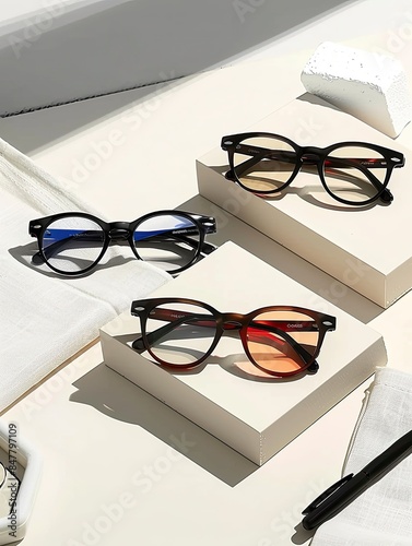 Stylish eyeglasses with colored lenses, modern fashion eyewear, chic sunglasses display, trendy glasses on white background