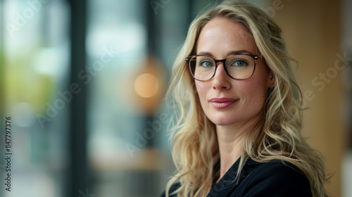Confident businesswoman wearing glasses in modern office setting