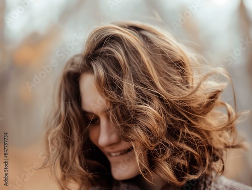 A close-up of a woman with wavy, windblown hair, smiling softly. The background is a blurred autumn scene with warm tones.