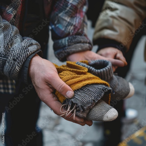 Close-up of a volunteer handing out socks or footwear to homeless individuals, highlighting the importance of foot care. Job ID: 3f5a974b-db11-4769-9235-98b5a9178102