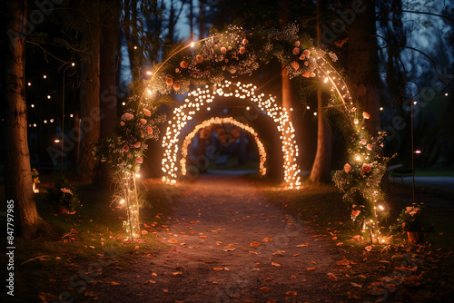 Beautiful wedding arch adorned with retro lights and night flowers, perfect for newlyweds' night reception photography.