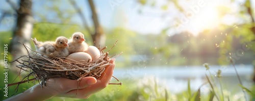 A closeup of baby birds in their nest held in the style of the hand against a spring lake background A family scene with two mothers and a father photo