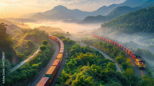 Freight Train Winding Through Picturesque Mountain Landscape at Sunrise photo