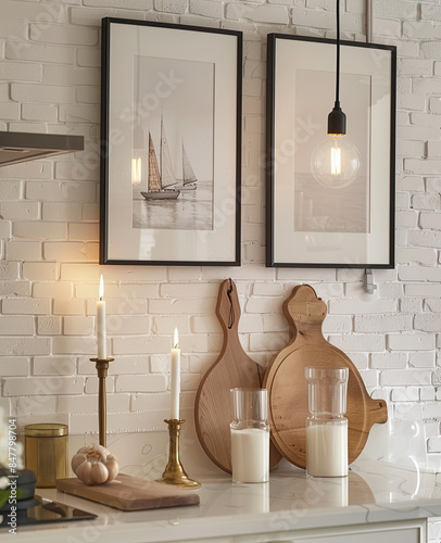 A kitchen wall with white brick, framed art on the walls and candles lit next to it. A wooden board is also visible on one side of the countertop.