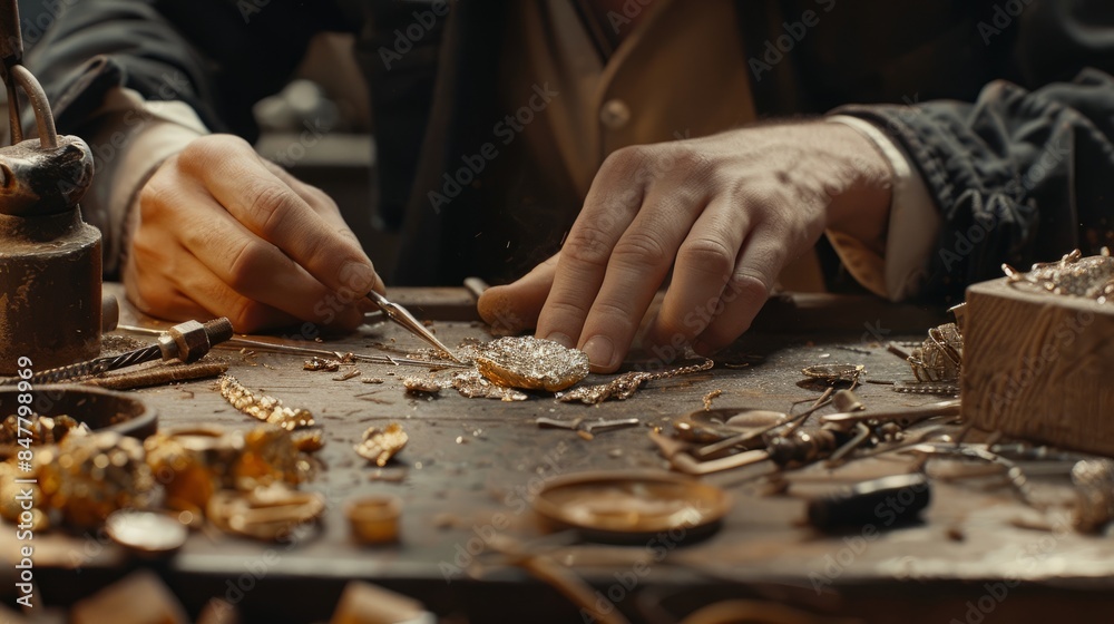 A close-up photo of a goldsmith meticulously crafting a piece of jewelry at his workbench. The focus is on the goldsmiths hands as they work with delicate tools A close-up photo of a goldsmith meticulously crafting a piece of jewelry at his workbench. The focus is on the goldsmiths hands as they work with delicate tools