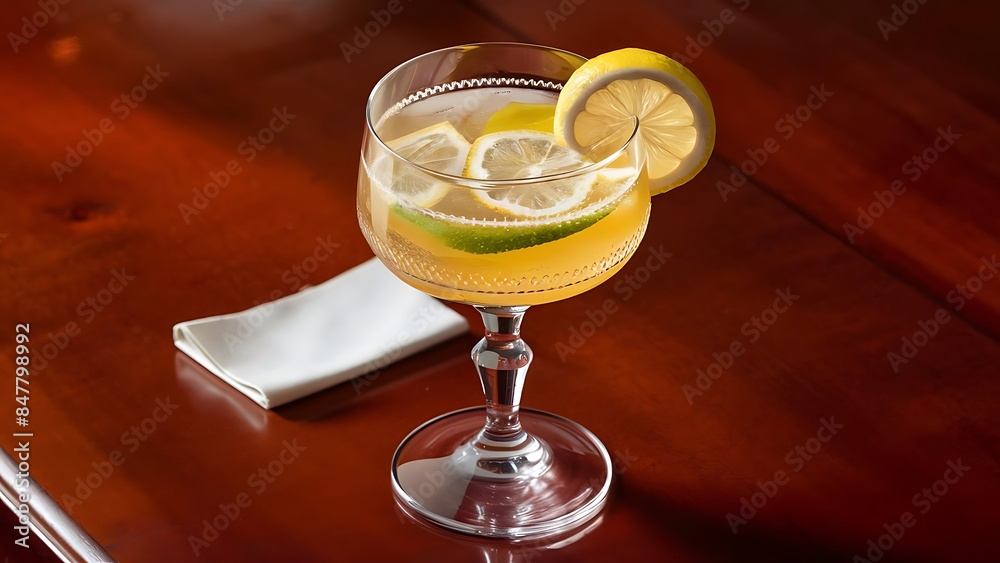 Beverage with lemon in glass wineglass on wooden surface Beverage with lemon in glass wineglass on wooden surface