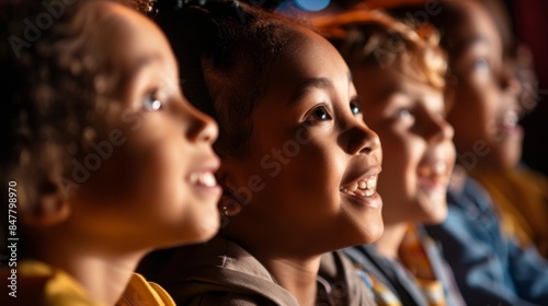 A closeup photo of children sitting in a theater, their faces lit by the glow of the stage lights. They appear to be engaged and enjoying the performance