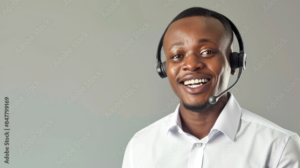 Portrait of a young black smiling customer service or call center worker on a gray background. Copy space. Portrait of a young black smiling customer service or call center worker on a gray background. Copy space.