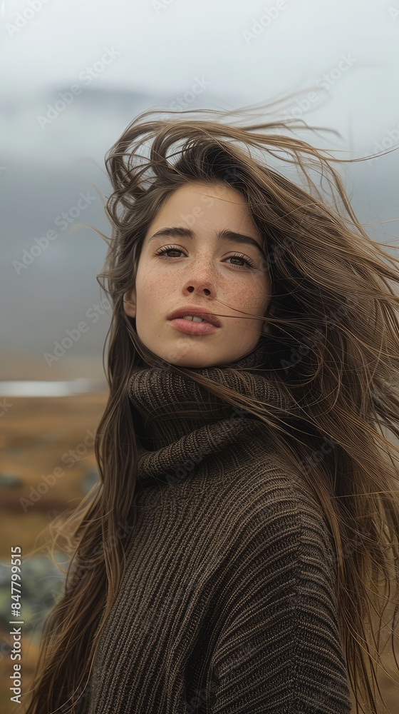 Windy day outdoors, woman with long hair, autumn landscape, serene expression, casual outfit, hair flying in the wind, nature background Windy day outdoors, woman with long hair, autumn landscape, serene expression, casual outfit, hair flying in the wind, nature background