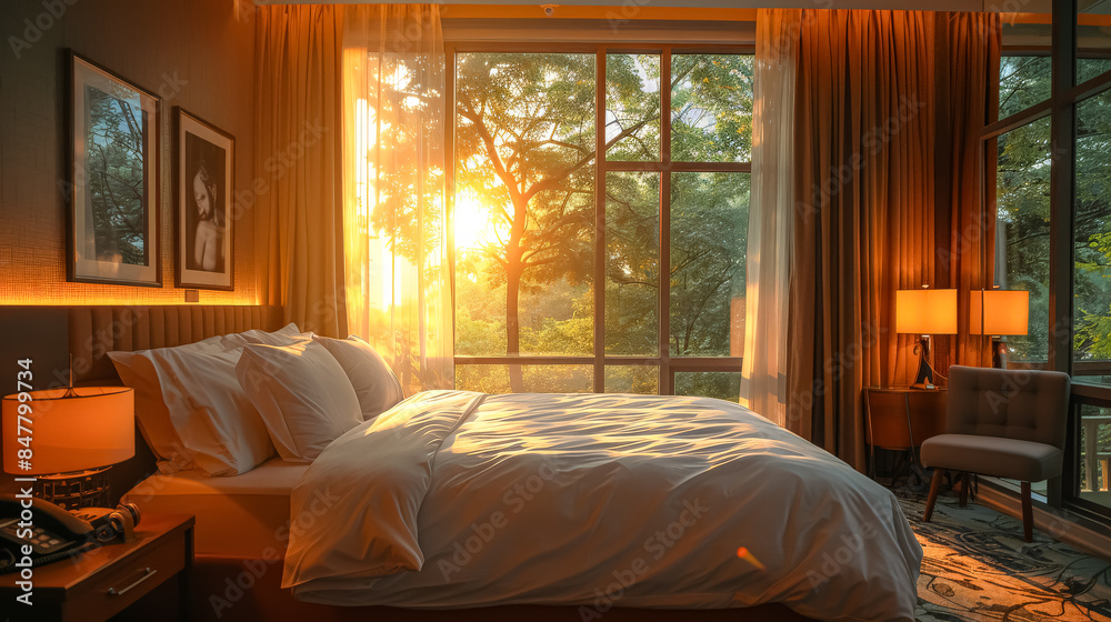A bedroom with a large bed, a television, and a plant. The room is bright and inviting, with a sense of relaxation and comfort A bedroom with a large bed, a television, and a plant. The room is bright and inviting, with a sense of relaxation and comfort