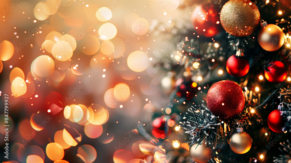 Festive Christmas tree adorned with baubles and surrounded by blurred shiny lights, capturing the holiday spirit and warmth.