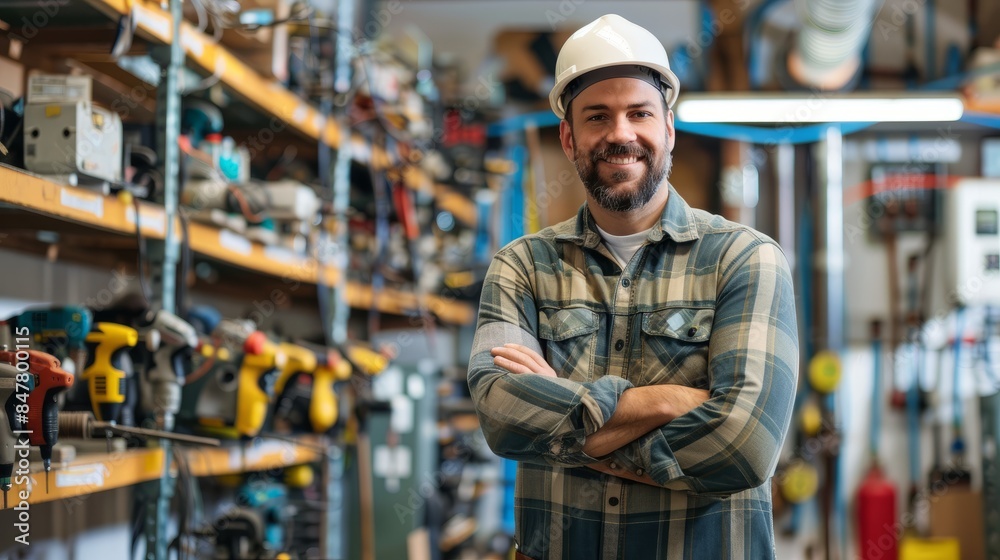 An electrician stands confidently in his workshop, surrounded by a variety of tools and equipment. He is wearing a hard hat and a plaid shirt An electrician stands confidently in his workshop, surrounded by a variety of tools and equipment. He is wearing a hard hat and a plaid shirt