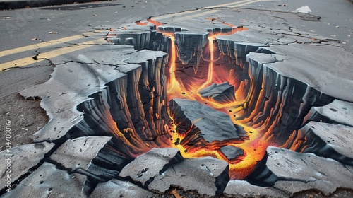 3D street art illusion depicts a cracked road revealing a fiery underground chasm filled with molten lava. The realistic drawing creates a dramatic and dangerous visual effect on the pavement.