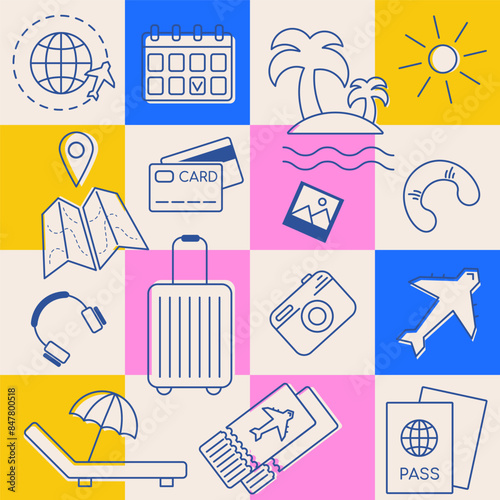 Collection of summer vacation trip at sea, beach vacation, summer vacation, journey. Traveling background, tourism, vacation, journey. For poster, travel guide, traveling providers, tourists.
