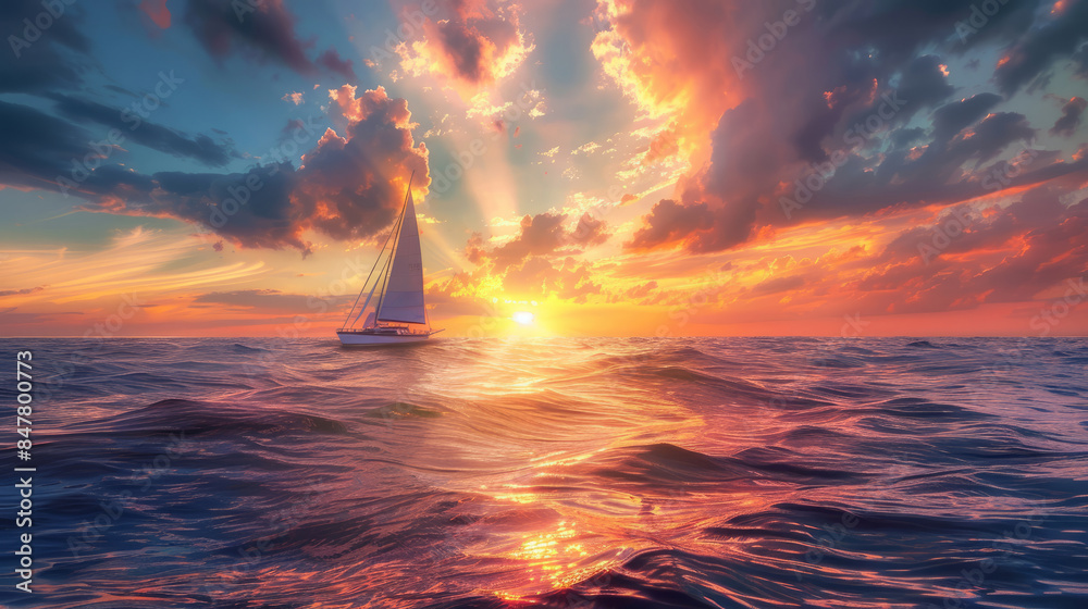 Sailboat on the ocean at sunset with vibrant colorful sky Sailboat on the ocean at sunset with vibrant colorful sky