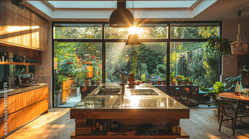 A kitchen with a window that lets in sunlight and a counter with a plate of oranges. The kitchen is well-lit and has a warm, inviting atmosphere photo
