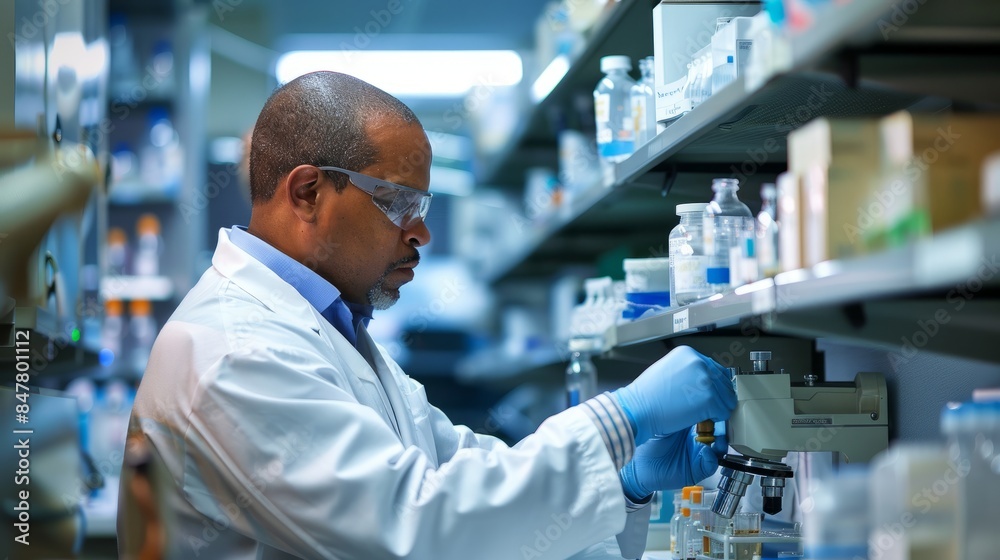 A laboratory technician carefully adjusts a microscope during a research experiment, surrounded by shelves of chemicals and equipment A laboratory technician carefully adjusts a microscope during a research experiment, surrounded by shelves of chemicals and equipment