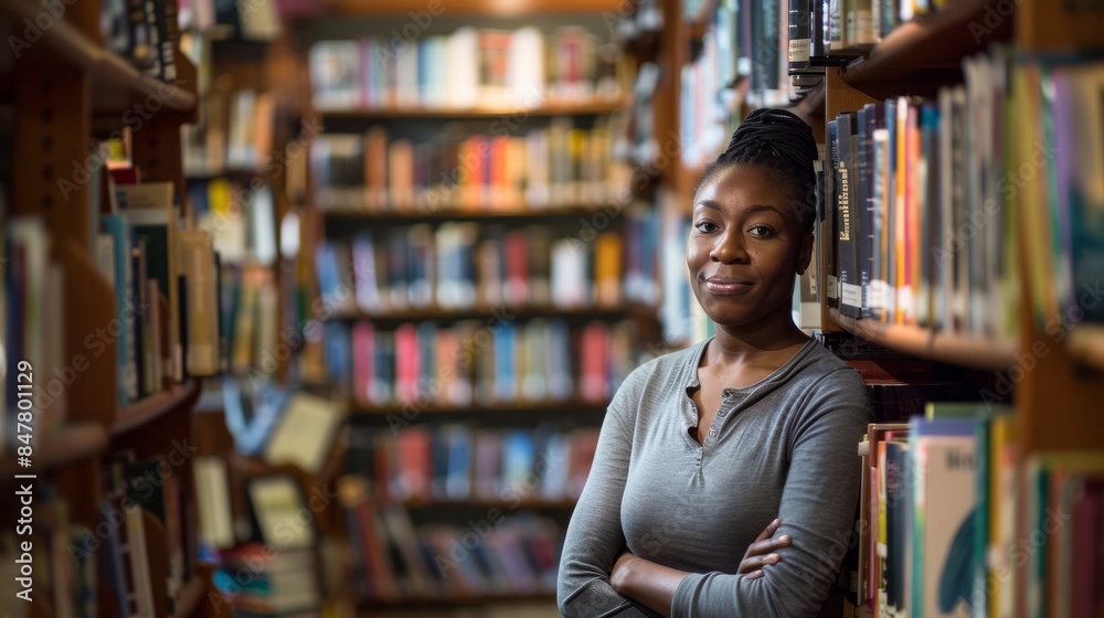 A young female bookstore employee stands confidently amongst bookshelves in a bookstore, showcasing her passion for literature and customer service