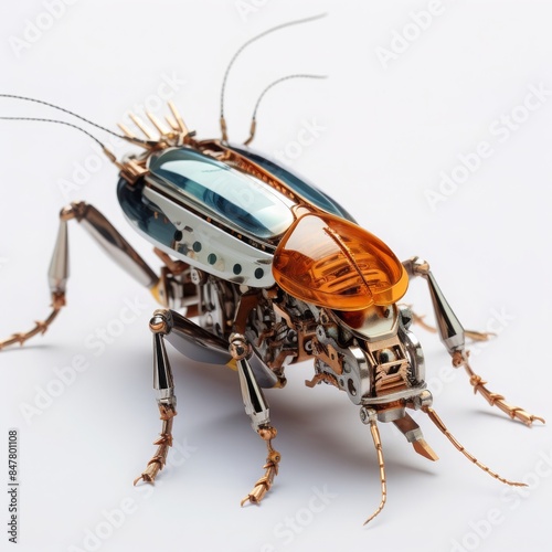 Detailed close-up of a futuristic robotic insect featuring a sleek metallic design and components on a white background photo