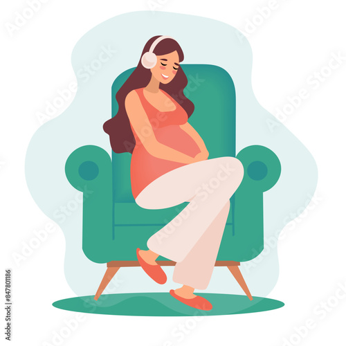 Happy pregnant woman in headphones sitting in chair, materinity leave, health pregnancy concept vector illustration in flat style