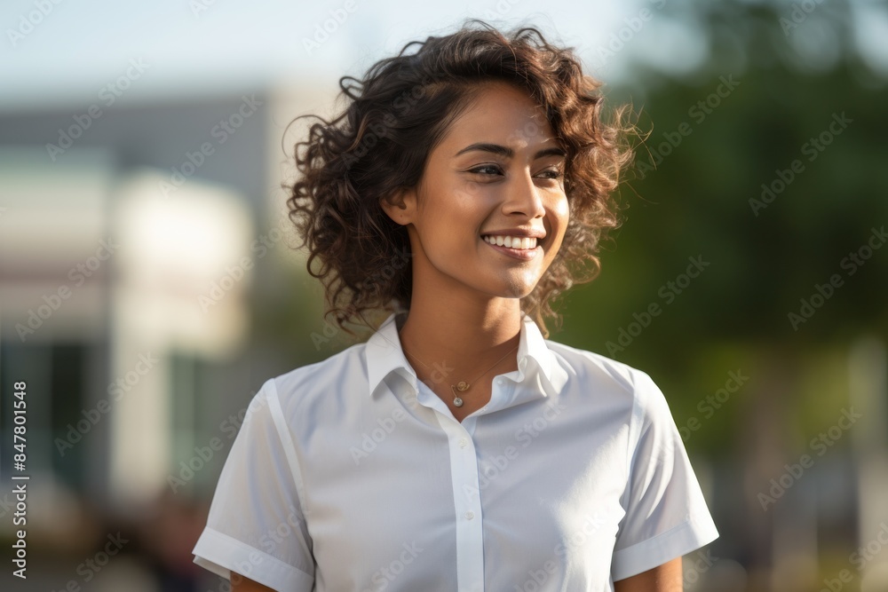 Portrait of a happy indian woman in her 30s wearing a classic white shirt in front of modern university campus background Portrait of a happy indian woman in her 30s wearing a classic white shirt in front of modern university campus background