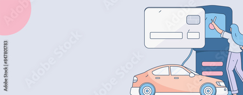 Vector Internet operation hand-drawn illustration of people getting discounts for refueling their cars
