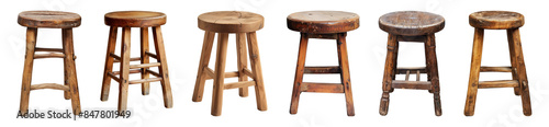 collection of wooden stool chairs isolated on a transparent background, equipment, furniture, home decoration, interior decoration, cut-out, PNG photo