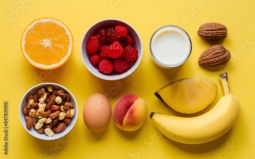 Orange juice fresh berries milk yogurt boiled egg nuts fruits banana peach for breakfast on yellow background