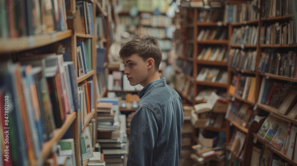 A young man, likely an apprentice in the book trade, stands in a crowded bookstore, thoughtfully examining books on a shelf A young man, likely an apprentice in the book trade, stands in a crowded bookstore, thoughtfully examining books on a shelf