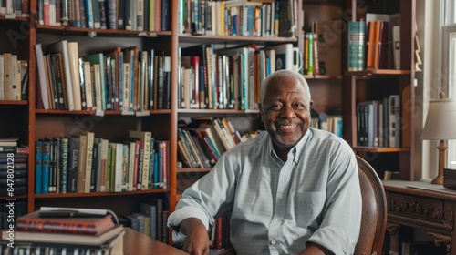 A man sits at his desk in his home office, surrounded by bookshelves. He smiles warmly as he looks directly at the camera