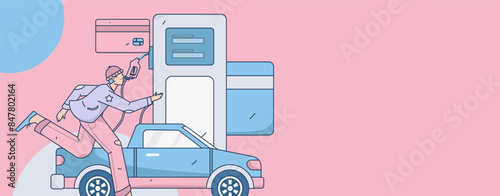 Vector Internet operation hand-drawn illustration of people getting discounts for refueling their cars
