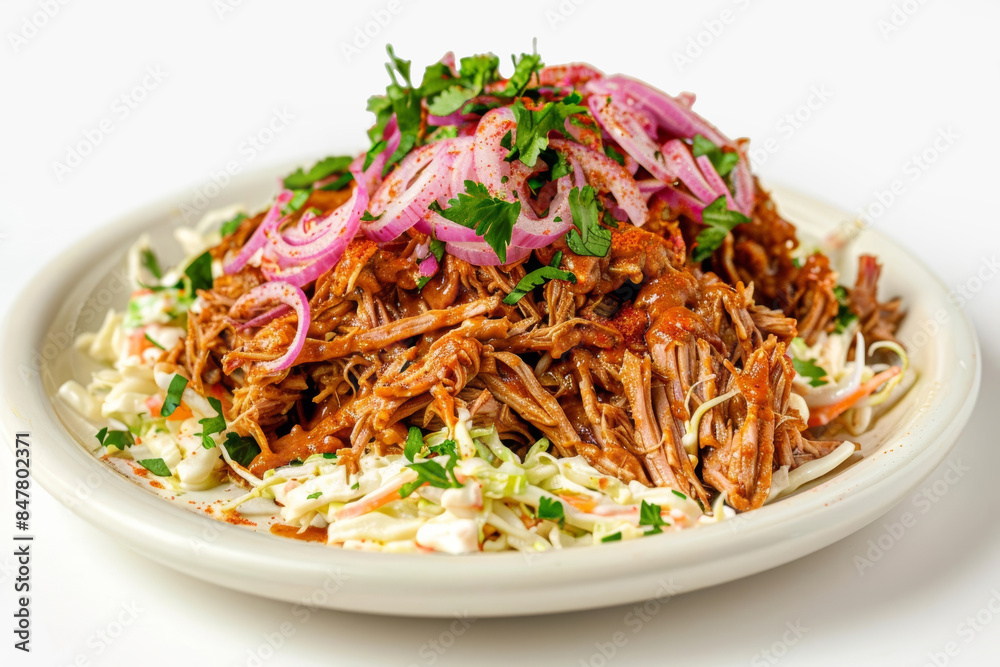 Savory Pulled Pork in Rich Carolina BBQ Sauce and Fresh Sprigs on Wooden Board Savory Pulled Pork in Rich Carolina BBQ Sauce and Fresh Sprigs on Wooden Board