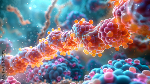 A captivating 3D scene where cellular organelles like mitochondria and ribosomes appear in a spectrum of vibrant colors. photo
