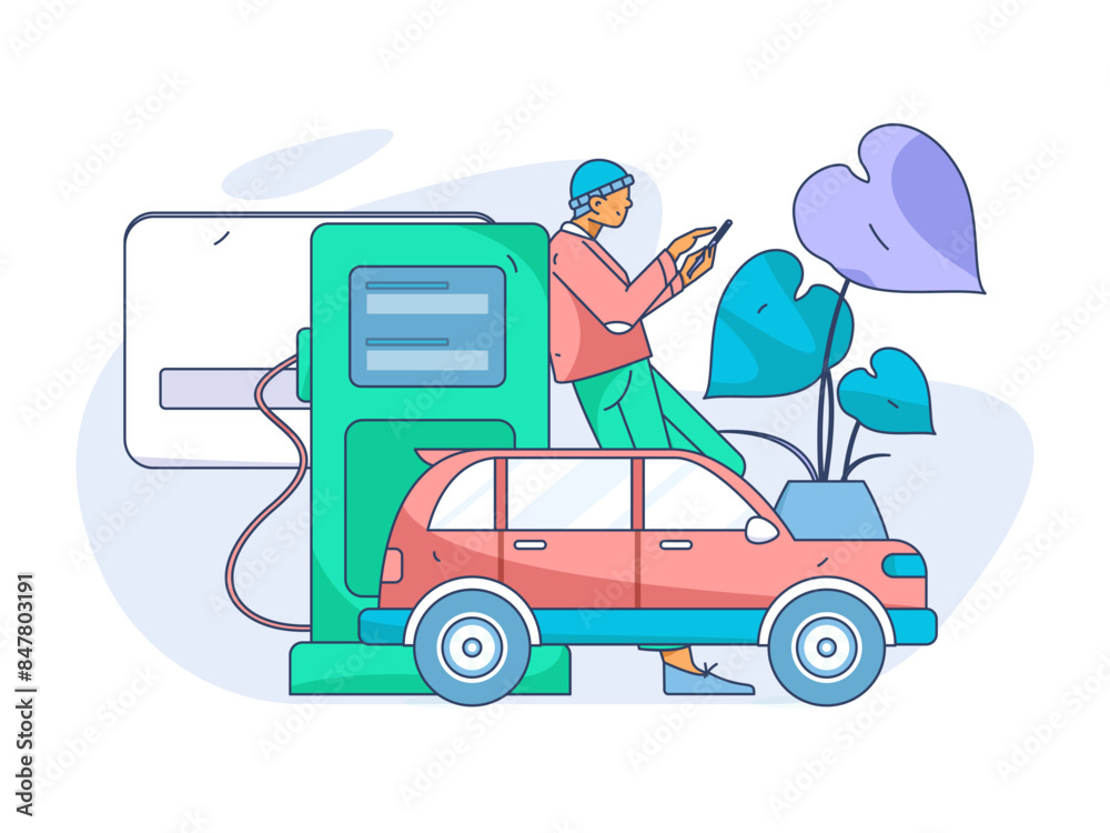 Fototapeta premium Vector Internet operation hand-drawn illustration of people getting discounts for refueling their cars 