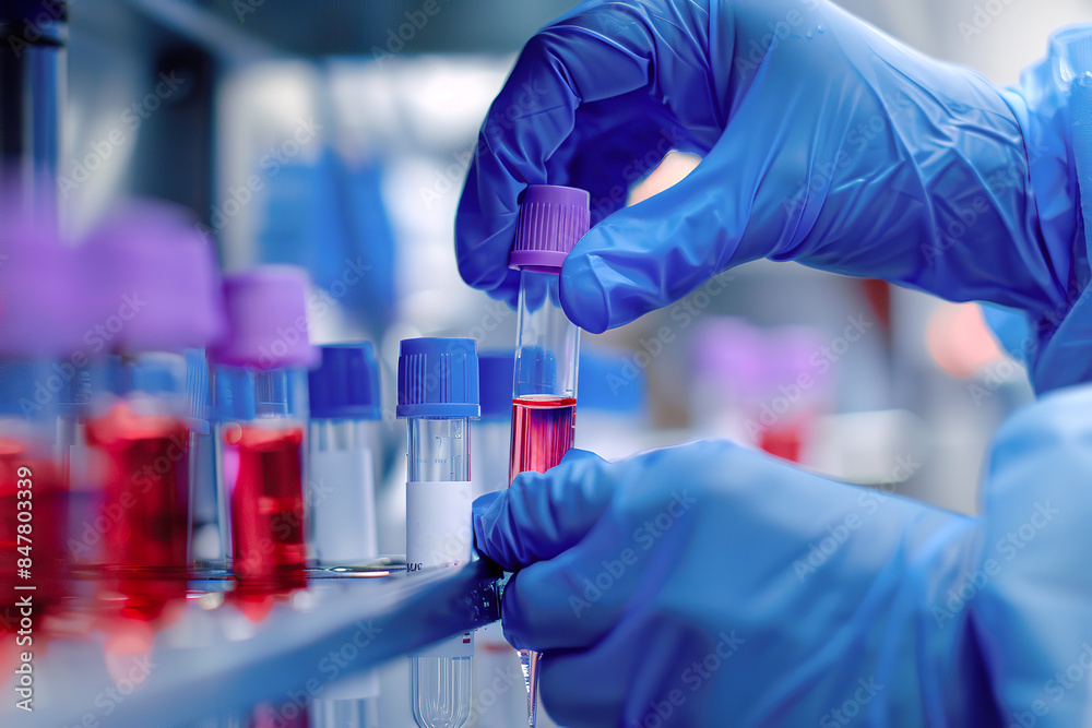 Science, test tube with red liquid in blue gloved hands. Laboratory for research, medical study and experiment. Healthcare, pharmaceutical. Vial, medicine, vaccine in clinic. Analyzing blood sample. Science, test tube with red liquid in blue gloved hands. Laboratory for research, medical study and experiment. Healthcare, pharmaceutical. Vial, medicine, vaccine in clinic. Analyzing blood sample.