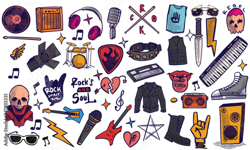 Hand drawn set of rock music doodle music instruments in doodle style isolated on white background.