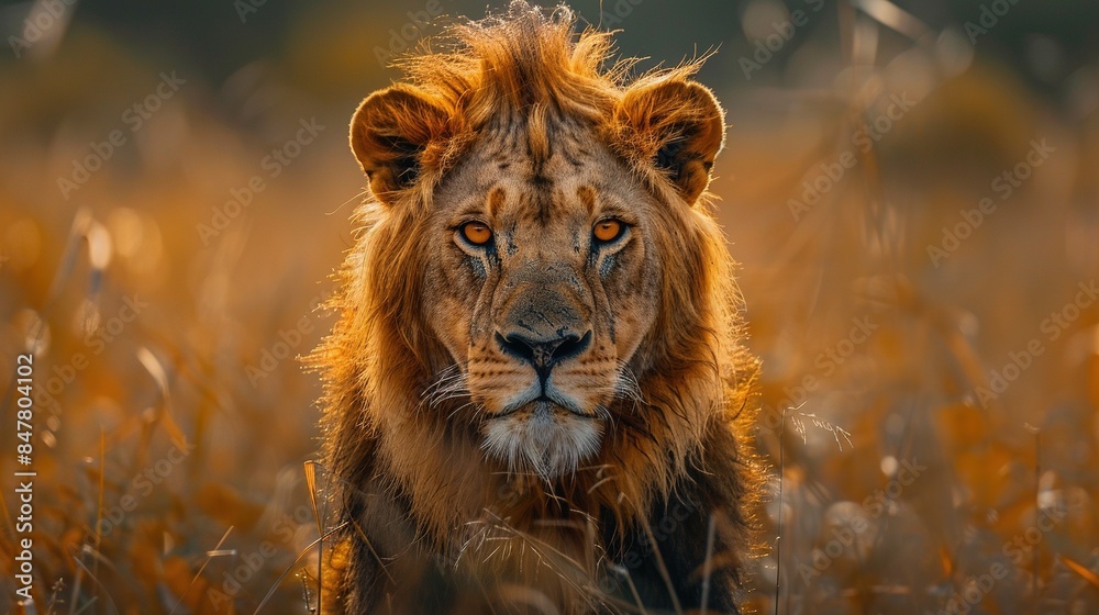 Fototapeta premium A lion is standing in tall grass with its head held high