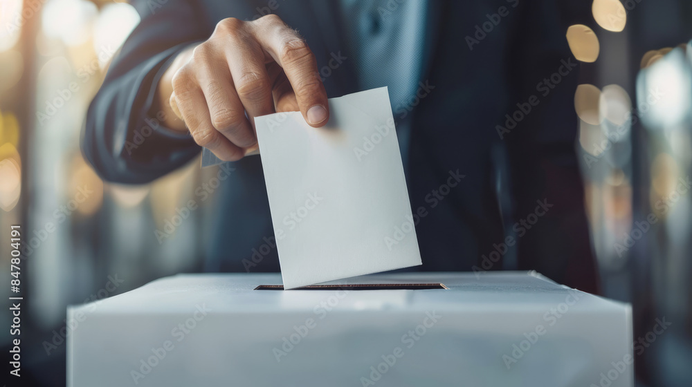 Closeup of hand inserting envelope in ballot box during election Closeup of hand inserting envelope in ballot box during election