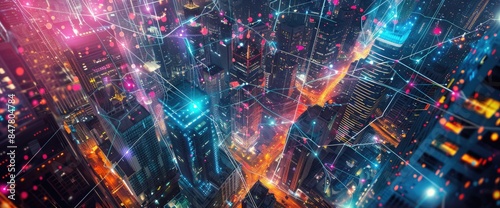 Aerial view of a futuristic city at night with rain falling on buildings