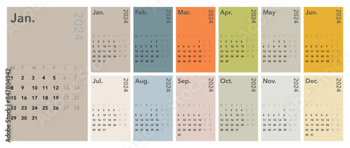 Classic colorful monthly calendar for 2024. Calendar in the style of minimalist square shape. The week starts on Monday. English text.