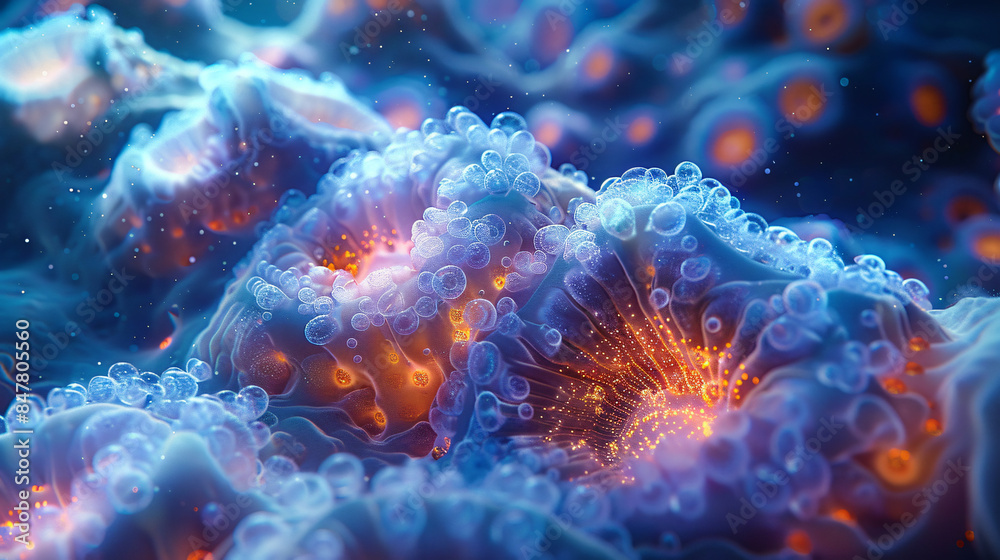 Glowing cells resembling bioluminescent plankton thrive underwater in a 3D scene, creating an otherworldly microscopic ecosystem. Glowing cells resembling bioluminescent plankton thrive underwater in a 3D scene, creating an otherworldly microscopic ecosystem.