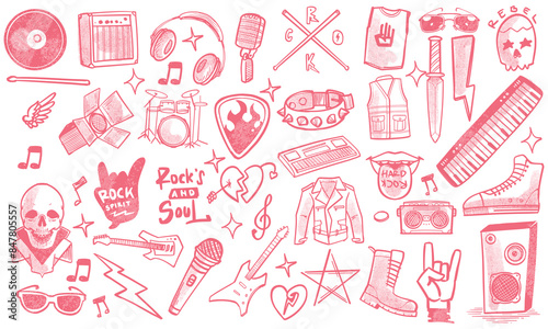Hand drawn set of rock music doodle music instruments in doodle style isolated on white background.